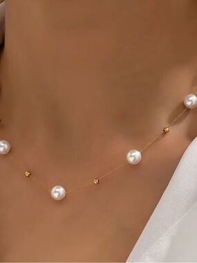 Gold Chain Pearl Station Necklace - Women Jewelry